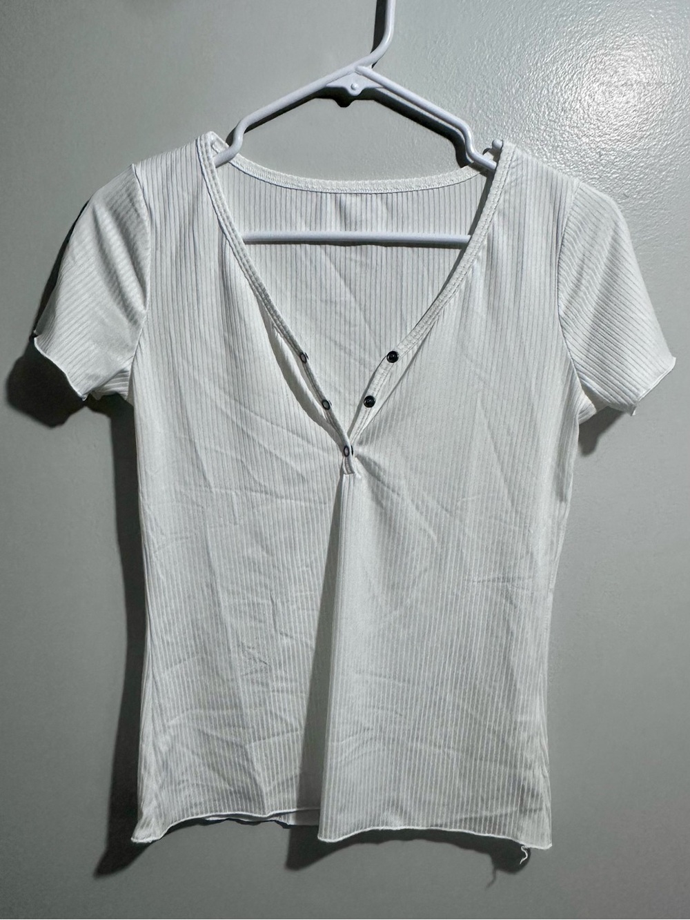 White Ribbed Short Sleeve V-Henley Tee Size S (1384)